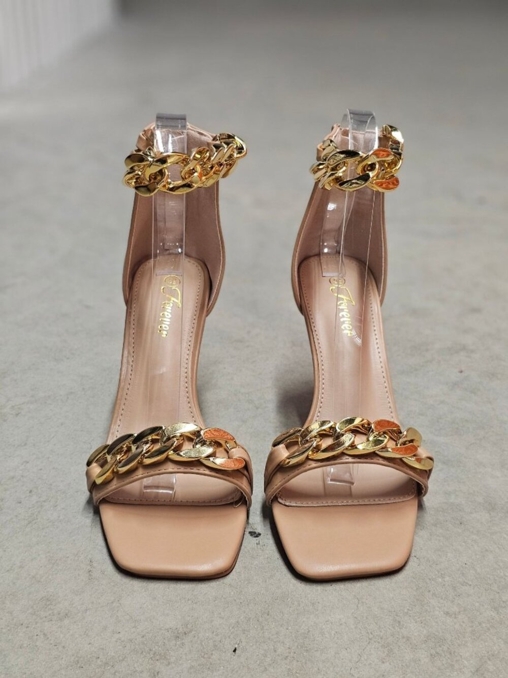 Gold Chain Embellished Nude Stiletto Heels With Ankle Strap - Sleek & Elegant Op - Picture 12 of 14